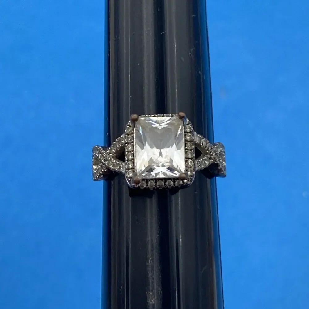 Large Emerald Cut Clear CZ Halo Infinity Ring Size 8 S925 Marked Costume Jewelry
